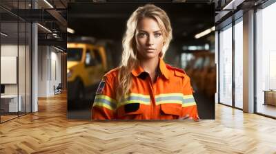 Portrait of a female Paramedic proudly standing in front of camera in high visibility medical orange uniform. Emergency medical service worker at work.  Wall mural