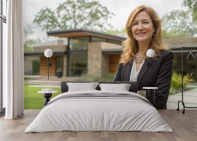 Portrait of a realtor mature woman in a business suit outfit with modern house in background. 

 Wall mural