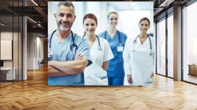 portrait of medical team standing in hospital corridor. group of medical doctors in modern clinic. Wall mural