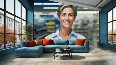 Portrait of senior adult female manager in supermarket smiling at camera.


 Wall mural