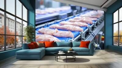 Poultry farm conveyor, butchered chicken carcasses, fresh breast and fillet go along the line, at a large poultry meat production plant. Conveyor belt food.

 Wall mural