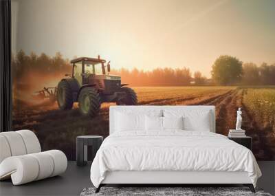 Rural seasonal works on farm land by industrial farming machinery or tractor on nature field at sunset.  Wall mural