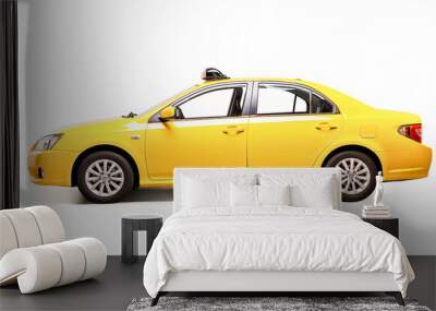 Side view yellow taxi car isolated on white.
 Wall mural