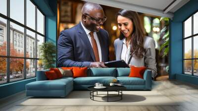 Smiling adult middle-aged african american professional businessman and young businesswoman together working online with a digital tablet in office.  Wall mural