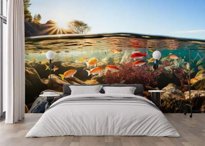 Underwater shot of marine life view with sunny sky and serene sea.
 Wall mural