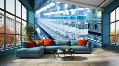 Vials of liquid medication in production line, pharmaceutical manufacturing, medicine and vaccine concept.
 Wall mural