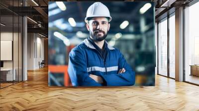 Waist-up portrait of smiling bearded worker standing in in a metal manufacture warehouse.

 Wall mural