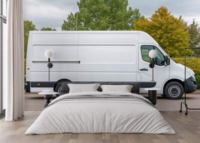 White cargo van transport parked outdoor in the city. Wall mural