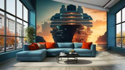 White Cruise Ship from Front the sea at sunset, ship sailing across sea.  Adventure and travel. Luxury cruise. Concept smart tourism travel a vacation time on summer. generative ai Wall mural