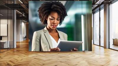 Working smart, working hard. Shot of a young african american businesswoman using a digital tablet at office. Happy, business and a corporate employee. Wall mural