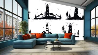 collection of landscape silhouettes with lighthouses near the water vector. lighthouses vector silhouette collection Wall mural