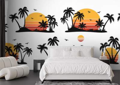 silhouettes of palm trees and orange sun vector. set of palm trees and sunrise vector silhouette. tr Wall mural