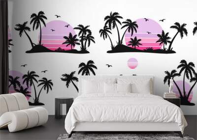 silhouettes of palm trees and pink sun vector. set of palm trees and sunrise vector silhouette. trop Wall mural