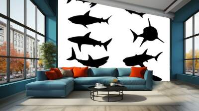 Black silhouette set of shark with mouth closed in different poses Shark with mouth closed giant apex predator cartoon animal design flat vector illustration isolated on white background Wall mural