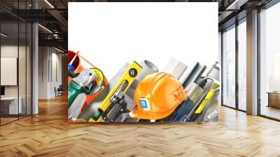 Construction concept. Construction tools along a side isolated on a white. 3d illustration Wall mural