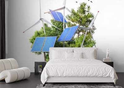 Eco energy. Solar panels with wind stations on the island. 3d illustration Wall mural