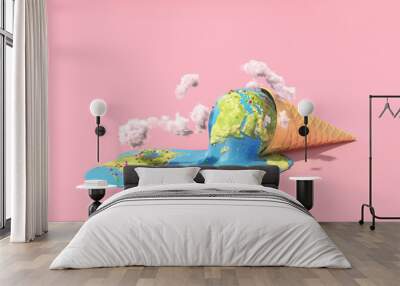 global warning. planet as melting ice cream under hot sun on a pink background. 3d illustration Wall mural