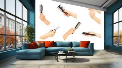 hand with professional hairdressing and manicure equipment on wh Wall mural