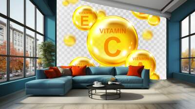 Vector realistic vitamin golden capsules. Nutrition supplement multivitamin complex. Golden round capsules isolated on transparent background. Wall mural