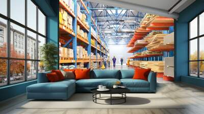 Warehouse with variety of timber for construction and repair. Delivery concept. 3d illustration Wall mural