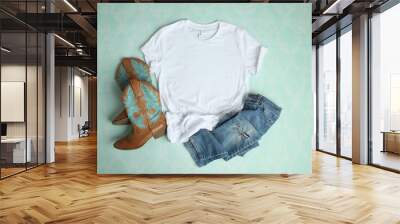 Mockup Flat Lay of White Tee shirt with cowboy boots and ripped jeans on an aqua blue background Wall mural