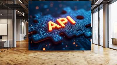 3d Digital representation of API integration concept with two interlocking puzzle pieces against a futuristic tech inspired abstract background, A blue and orange puzzle piece with the letters API Wall mural