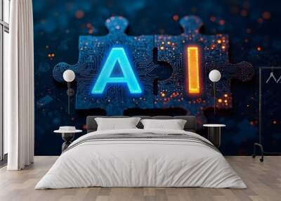 A blue and orange puzzle piece with the letters AI on a futuristic and technological vibe, Two circuit board puzzle pieces AI, abstract background, wallpaper Wall mural