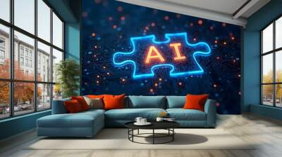 A blue and orange puzzle piece with the letters AI on a futuristic and technological vibe, Two circuit board puzzle pieces AI, abstract background, wallpaper Wall mural