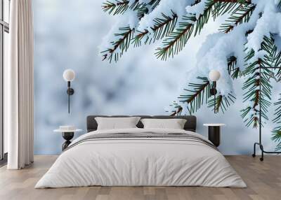 Christmas tree branches snow background of copy space, Christmas tree branches background Wall mural