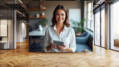 Portrait of happy businesswoman with touchpad in office looking at camera, Generated AI Wall mural