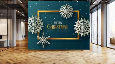 Holiday greeting card design. Winter Background with paper Snowflakes. Wall mural