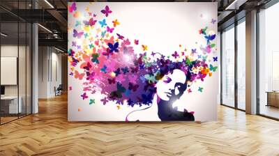 Woman with a butterflies in hair. Wall mural