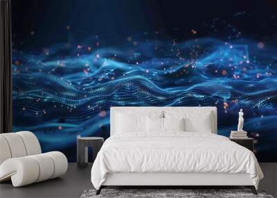 Abstract blue tech background with digital waves, dynamic network system, artificial neural connections, cyber quantum computing and electronic global intelligence Wall mural