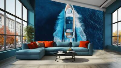 Aerial drone ultra wide top down photo with copy space of luxury rigid inflatable speed boat cruising in high speed in Aegean deep blue sea, Greece Wall mural