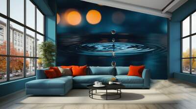 Close up water droplet into a puddle of water or lake, splash and droplets in air, ripples Wall mural