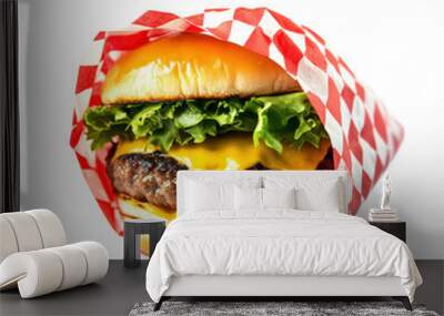 delicious cheeseburger burger, smash burger wrapped in checkered parchment paper PNG transparent Wall mural