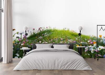 Green hills of flowers and flora landscape cut out PNG isolated transparent overlay Wall mural