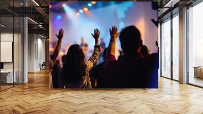 Hands in the air, people who are praising God and Jesus at a church service with worship band in the background, Wall mural