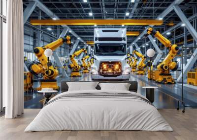 The robotic arm of the car production plant is working	on a truck Wall mural