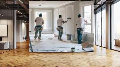 three male workers from the professional home renovation service painting walls light gray in a big bright living room interior inside a new modern house or apartment Wall mural