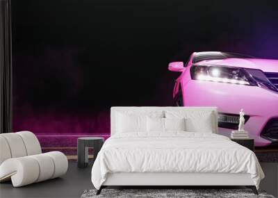 Pink sport modified car with smoke and pink neon on the asphalt road at night,copy space Wall mural