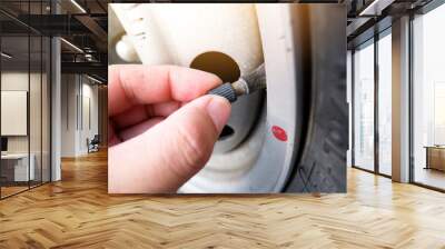 The auto mechanic hand puts on the tire valve cap of a car wheel Wall mural