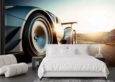 Close up of car wheels ride on a highway at high speed with sunset sky. AI Generated Wall mural