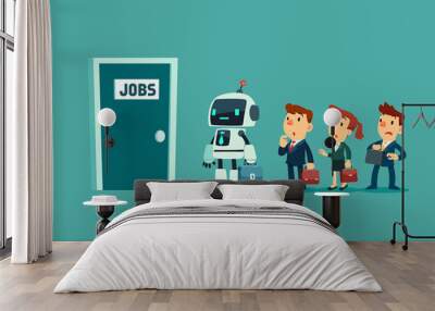 robot and a group of business people in line waiting for job interview Wall mural