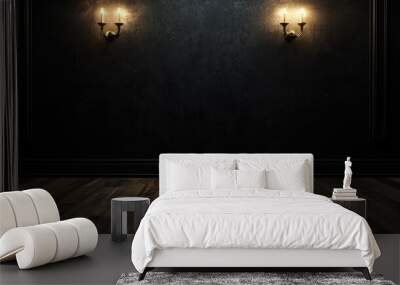 A dark space featuring a wooden floor and two wall sconces Wall mural