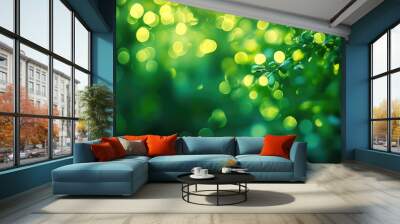 Abstract green bokeh blur background in vibrant hues Wall mural