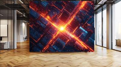 Abstract line art background featuring a city block intersected by a bright line with a glowing 3D shape at the center created through computer generated imagery Wall mural