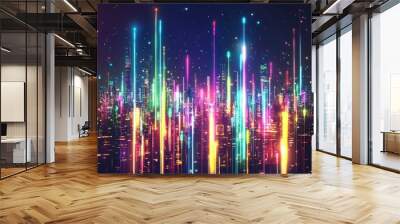 Abstract line art illustration featuring a vibrant wallpaper of light effects resembling fireworks against a cityscape showcasing colorful glowing neon lines for a striking artistic impact Wall mural