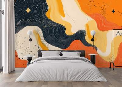 Abstract line art illustration featuring an orange background with a burst of star like elements Wall mural