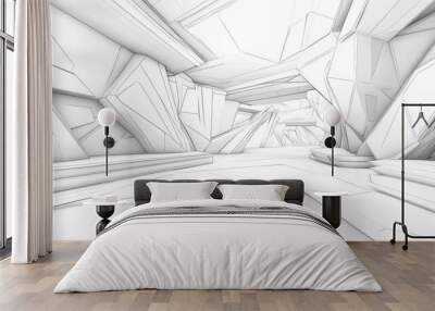 Abstract line art illustration of a futuristic white interior featuring polygonal designs Architectural background with 3D rendering elements Wall mural